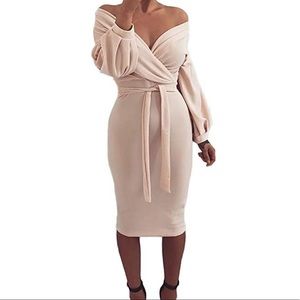 Beige Off Shoulder Dress. NEVER WORN.